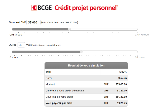 Simulation de crédit BCGE prêt personnel